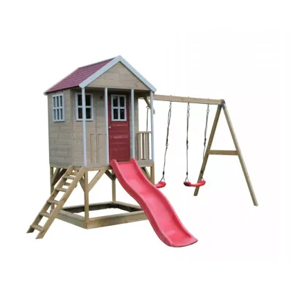 Casuta copii, de gradina Nordic Adventure House cu platforma cu loc pentru nisip, tobogan si leagan dublu (M30R), Wendi Toys