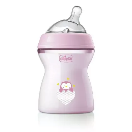Biberon anticolici, Chicco, Natural Feeling, Plastic, Cu tetina Din silicon moale, Pentru hranire alternativa, Potrivit pentru nou-nascuti si sugari, Fara BPA, 250 ml, 2 luni+, Roz