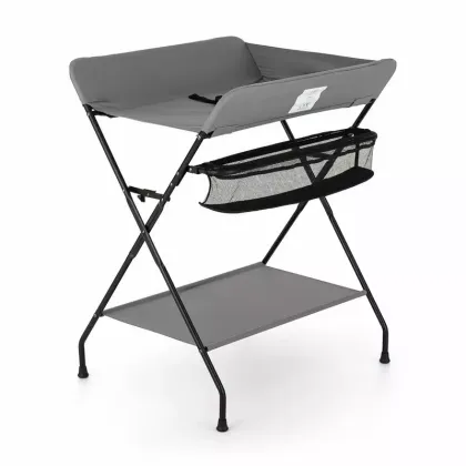 Masuta pentru infasat si schimbat scutece, Feedo, Multifunctionala, Pliabila, Cu raft pentru depozitare si compartiment lateral, Realizata din fier, panza si in, 80.5 x 67 x 102.5 cm, Gri