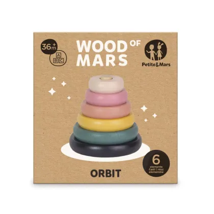 Jucarie de stivuire, Petite&Mars, Turn Orbit Wood of Mars, 10 cm, 36 luni+, Roz/Multicolor