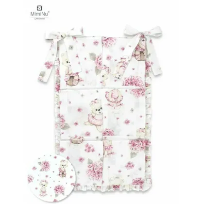Organizator pentru patut, MimiNu, Din bumbac certificat Oeko Tex Standard 100, Cu 6 compartimente, Doua panglici, 70x40 cm, Cu volanase, Design, Pink Ballerina