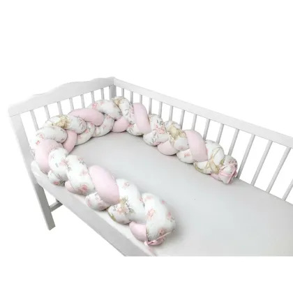 Protectie laterala, MimiNu, Pentru patut bebe, Tip Bumper impletit, Din bumbac, Din materiale certificate Oeko Tex Standard 100, Lungime 220 cm, Sweet Deer Pink