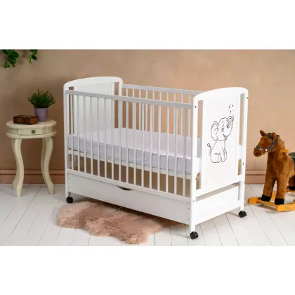 Patut din lemn bebe, 120x60 cm, Cu sertar, Din lemn de pin si mdf, Alb, Qmini, Timmi Elephant