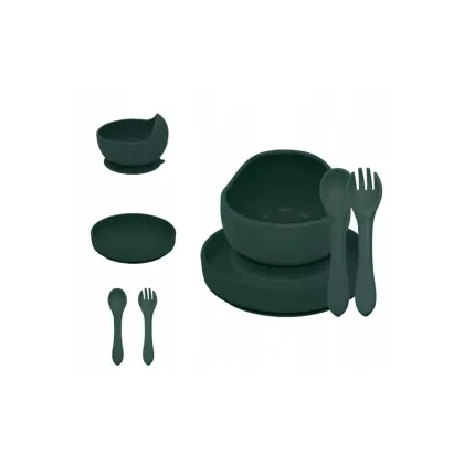 Set de hranire, Petite&Mars, Cu farfurie, Bol si tacamuri, Din silicon fara BFA, Verde inchis