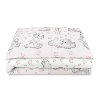 Lenjerie patut junior cu 2 piese, Qmini, Din bumbac certificat Oeko Tex Standard 100, 140 x 200 cm, Teddy Bear with Pink Heart