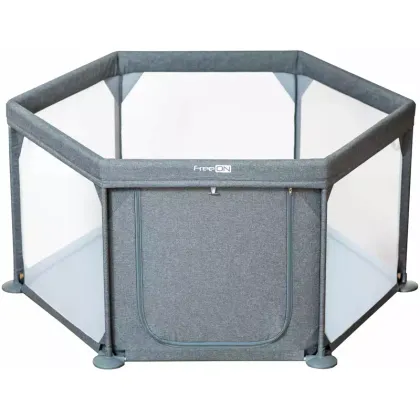 Tarc de joaca, FreeON, Hexagonal, Pentru bebe, Cu 4 manere, Intrare cu fermoar, Cu geanta de transport, 117 x 67 x 67 cm, Conform cu standardul european de securitate EN 12227:2010, Grey