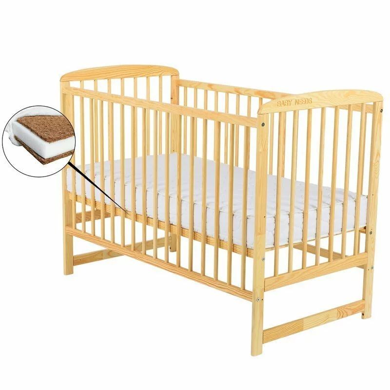 Patut din lemn bebe, 120x60 cm, Din lemn de pin, Stabil si rezistent, Inaltime saltea reglabila pe 3 nivele, Laterala cu 3 bete detasabile, EN716-1, EN716-2, Natur, Babyneeds, Ola + Saltea 12 cm