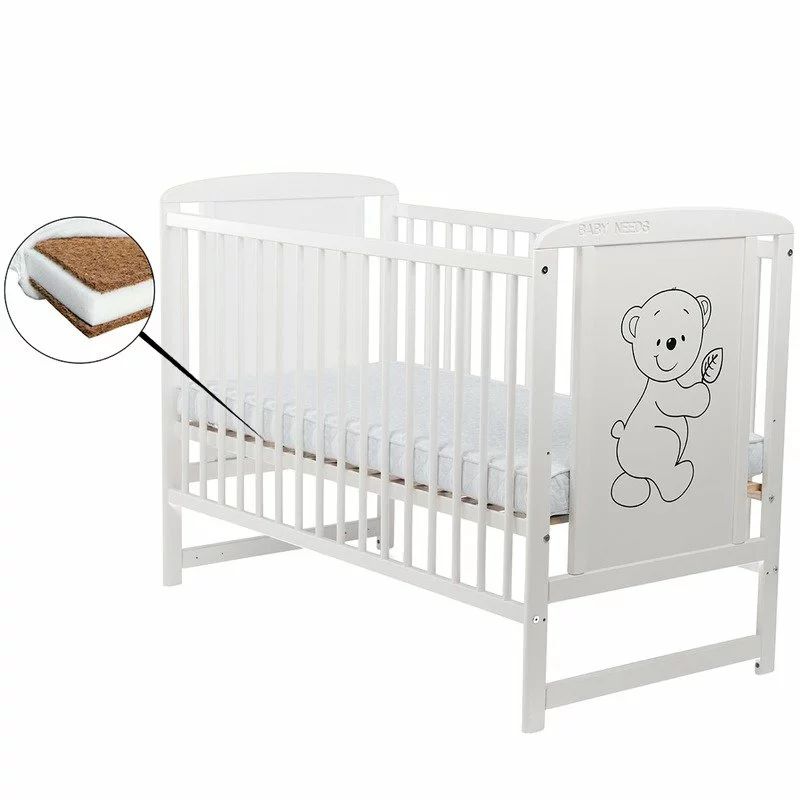 Patut din lemn bebe, 120x60 cm, Din lemn de pin si mdf, Stabil si rezistent, Inaltime saltea reglabila pe 3 nivele, Laterala cu 3 bete detasabile, EN716-1, EN716-2, Alb, Babyneeds, Timmi + Saltea 10 cm