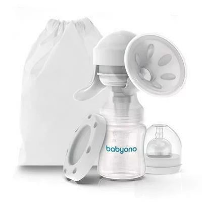 Pompa de san manuala, BabyOno, Cu biberon de 150 ml si tetina 0 luni+, Cu saculet pentru depozitare, Fara BPA, Mod silentios, Alb