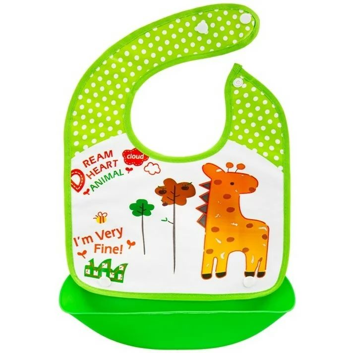 Baveta impermeabila, Bocioland, Giraffe, Cu buzunar detasabil, Dimensiune 21x21 cm, Verde