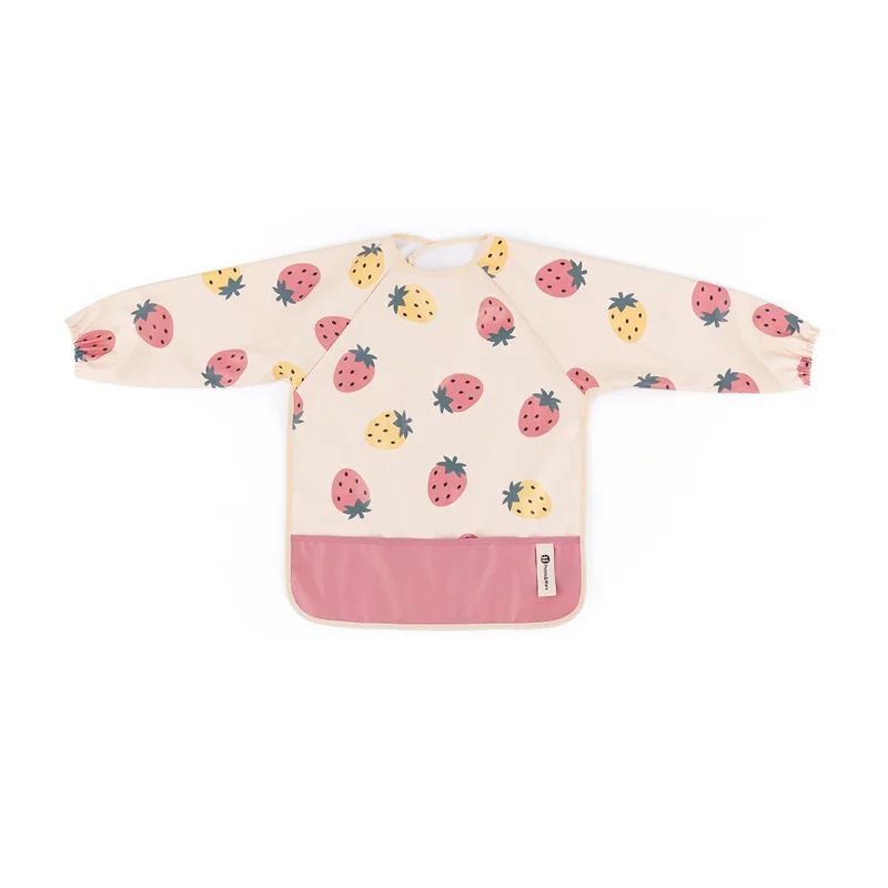 Baveta impermeabila, Petite&Mars, Cu maneci lungi, Usor de curatat, inchidere prin velcro, Dimensiune 38x42 cm, 24 luni+, Beige Strawberies