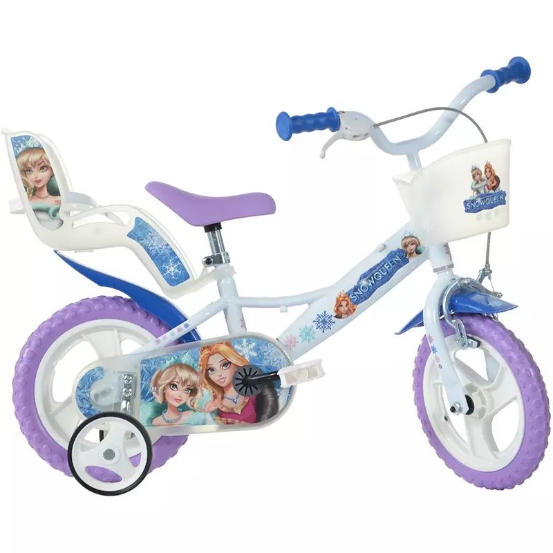 Bicicleta cu pedale, Dino Bikes, Craiasa Zapezii, Cu roti ajutatoare, Cu cosulet frontal, Cu scaunel pentru papusa, 12 inch, Pana la 40 kg, 3 ani+, Multicolor