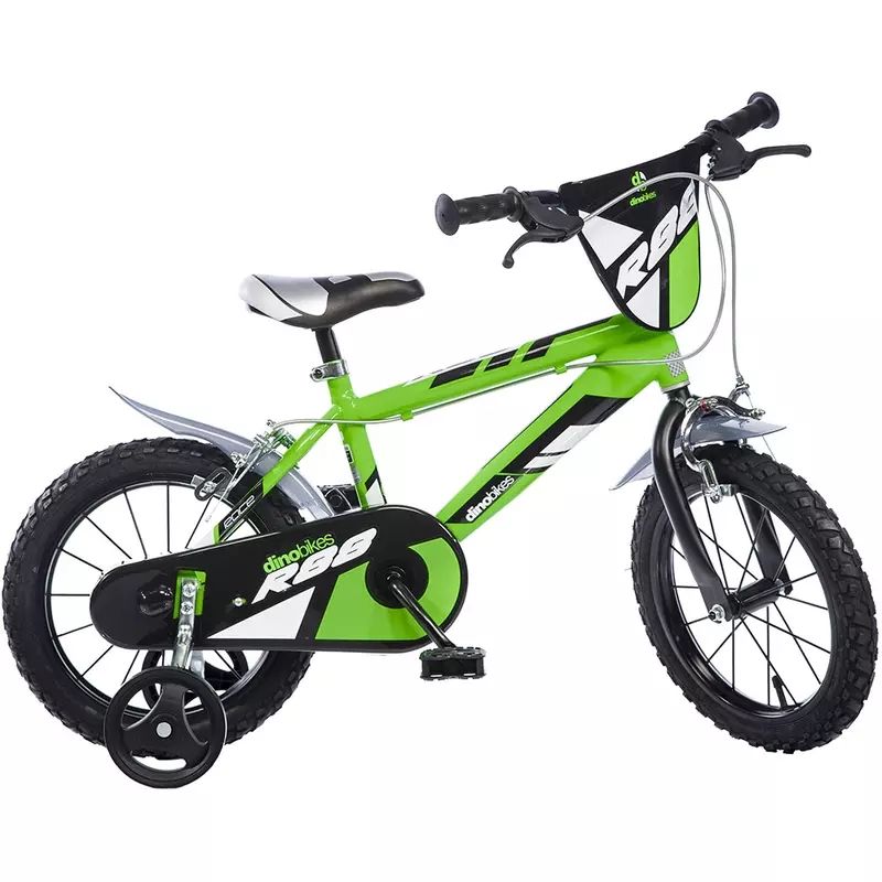 Bicicleta copii, Dino Bikes, R88, Cu roti ajutatoare, 14 inch, Cadru din otel, Pana la 115 cm, Green