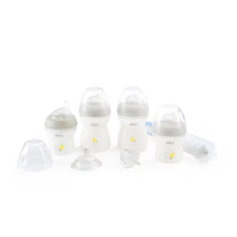 Set biberoane, Chicco, Include 2 x biberoane 150 ml, 2 x biberoane 250 ml, 1 x tetina, 1 x suzeta, 1 x perie de curatare, Silicon, 0 luni+, Transparent