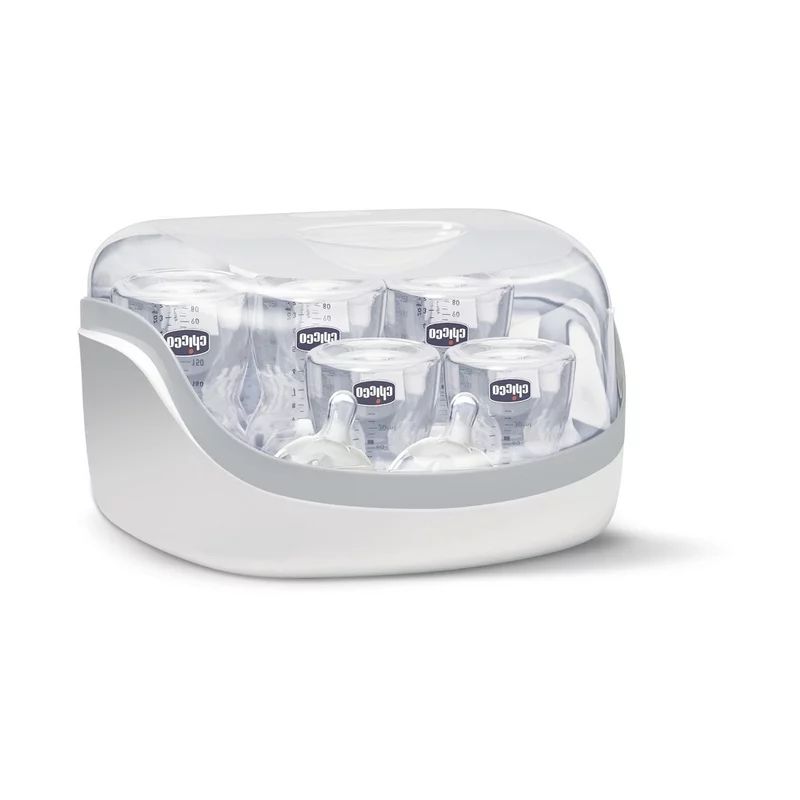 Sterilizator, Chicco, Pentru microunde, In 3-8 minute, Capacitate de pana la 5 biberoane, Protectie impotriva germenilor timp de 24h, Include cleste, 28x24x17 cm, Gri