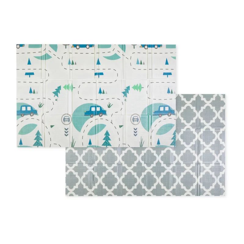 Covoras educativ, Petite&Mars, Campy L, Din spuma XPE non-toxica, Cu doua fete, Suprafata antiderapanta, 130x200 cm, Pliabil compact 40×32×21 cm, Model masini si forme geometrice