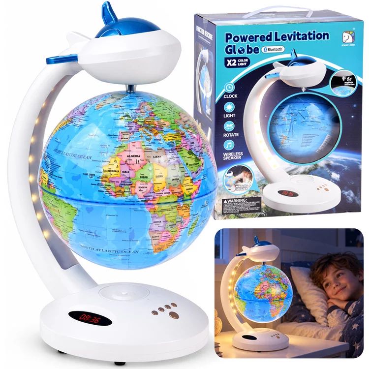 Glob pamantesc levitant 4-in-1, rotatie la 360°, Cu lampa LED, boxa Bluetooth, ceas