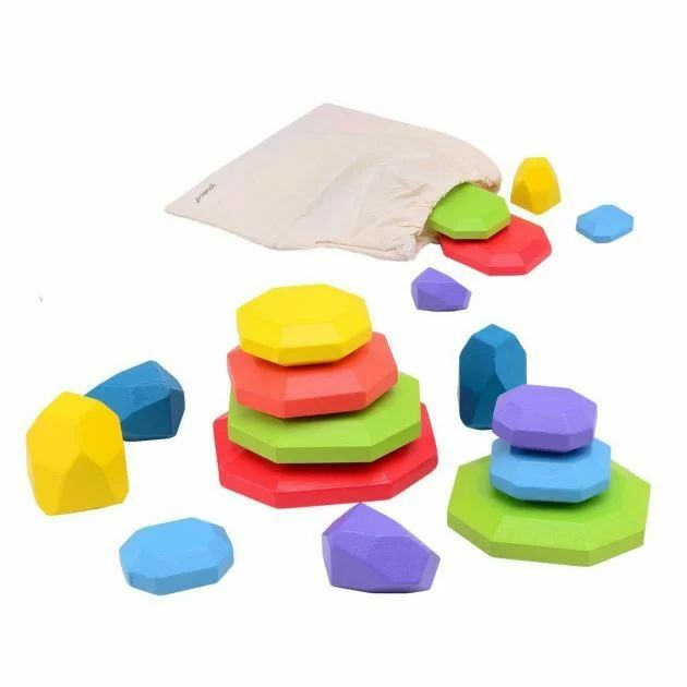 Set pentru stivuit, Joueco, Pietre curcubeu, 13 buc, Din lemn certificat FSC, 26 x 21 x 5 cm, Conform cu standardul de siguranta EN71, 3 ani+, Multicolor