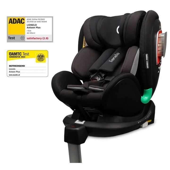 Scaun auto, Lionelo, I-size Antoon Plus, Pozitie de somn, Protectie laterala, Rotire 360 grade, 0-18 kg, Cu Isofix si picior de sustinere, Negru, Testat ADAC, Conform cu standardul european de securitate ECE R129, Negru