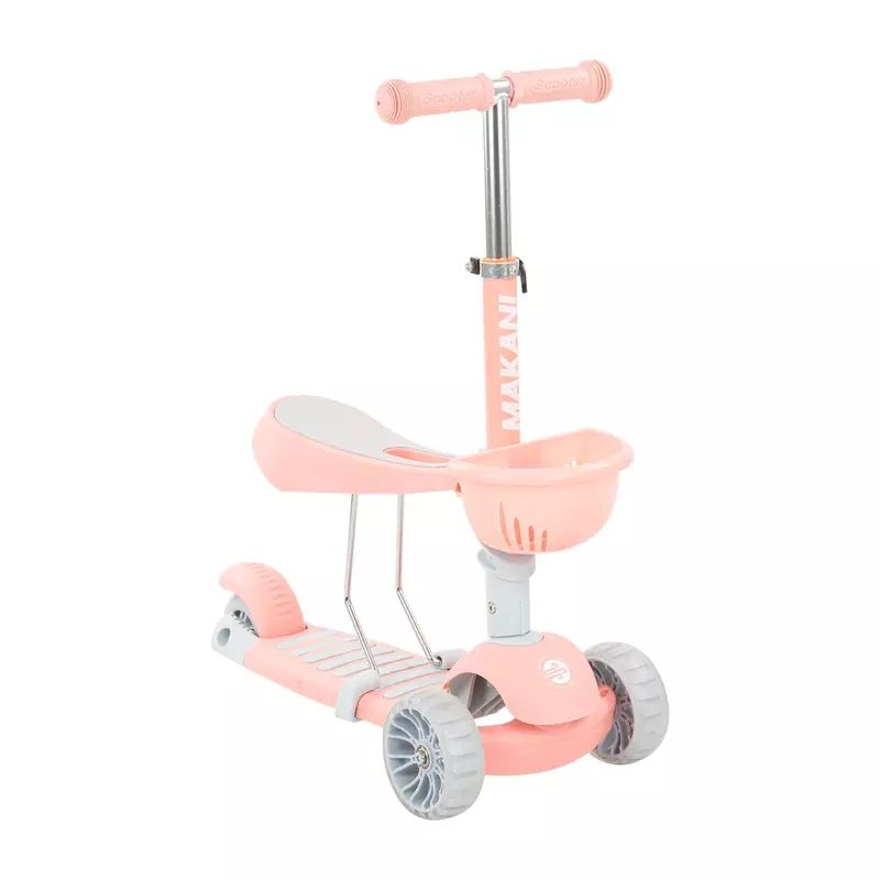 Trotineta, Makani, BonBon 3 in 1, Utilizare cu/fara sezut, Cu roti cu led si cos depozitare detasabil, 18-36 luni, Conform cu standardele europene de securitate EN 71-1/2/3, Roz