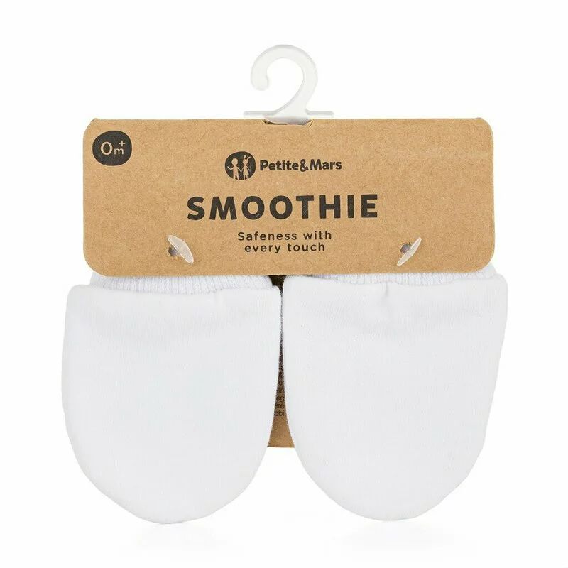 Manusi pentru nou-nascuti, Petite&Mars, Smoothie, Bumbac 100%, Material moale si respirabil, Protectie impotriva zgarieturilor, Manseta lata, 2 straturi, 6 x 10 cm, 0 luni+, Alb