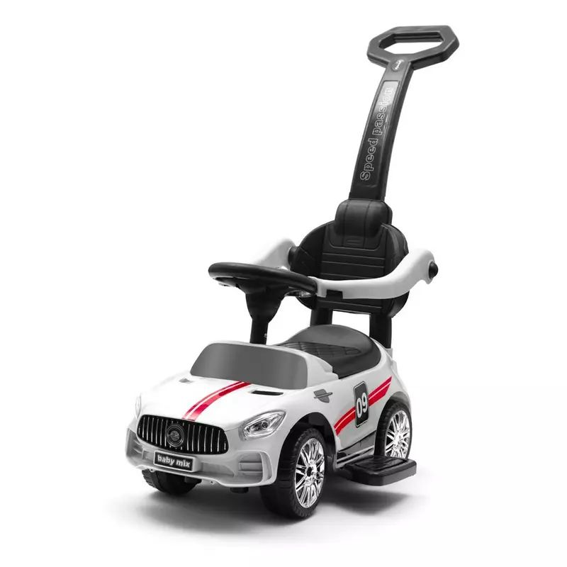 Masinuta de impins, Baby Mix, Racer, Cu maner de impins detasabil, Cu protectii laterale, Cu melodii si claxon, Cu suport jucarii sub sezut, Alb