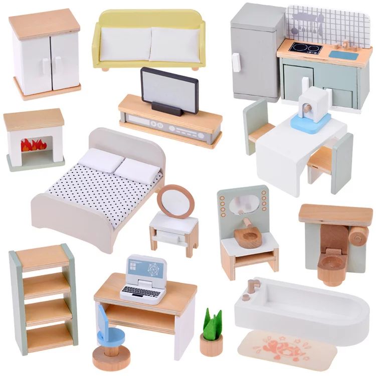 Mobilier din lemn pentru casa papusilor, 28 de piese pentru 5 incaperi