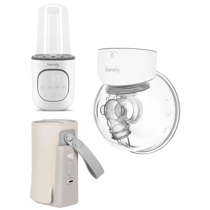 Pachet pentru hranire, Incalzitor biberoane, Lionelo, ThermUp 2.0, 5 in 1 + Pompa de san, Lionelo, Fidi Free Simple, Portabila, Cu accesorii, Hands-free + Incalzitor biberoane, Lionelo, ThermUp Go Plus, Portabil, Alb/Bej
