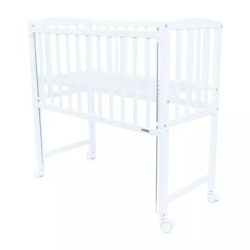 Patut din lemn bebe, 90x40 cm, Cu laterala culisanta, Cu roti, Certificat lemn FSC, Conform cu standardele de siguranta EN 716-1:2008, EN 716-2:2008, White, New Baby, Mateo
