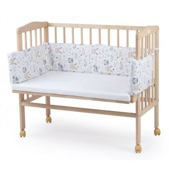 Patut pentru copii 2in1, 90 cm x 55 cm, lemn de fag, vopsea certificata, roti blocabile, laterala detasabila, co-sleeping, Saltea inclusa, Aparatoare laterala din bumbac, Waldin, Natural, Cover, P8