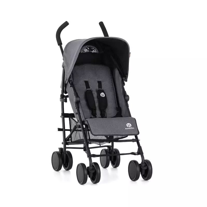 Carucior sport, Petite&Mars, Musca, Cu spatar reglabil, Capotina XXL, Usor, 7.9 kg, 6 luni+, Conform cu standardul european de securitate EN 1888:2018, Gri