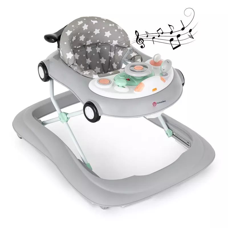 Premergator muzical, Petite&Mars, Cu panou interactiv si lumini Cabrio, Inaltime reglabila pe 3 pozitii, 6 luni+, Gri