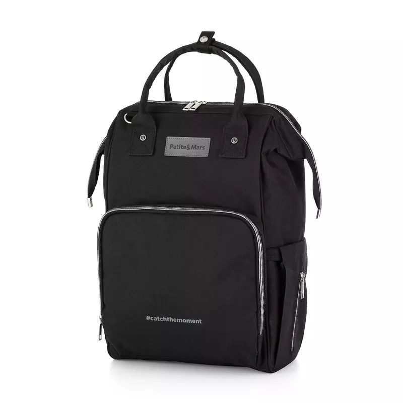 Rucsac pentru mamici, Petite&Mars, Cu 11 compartimente, Cu buzunare termice, Saltea de infasat inclusa, 30 x 42 x 15 cm, Jack, Black