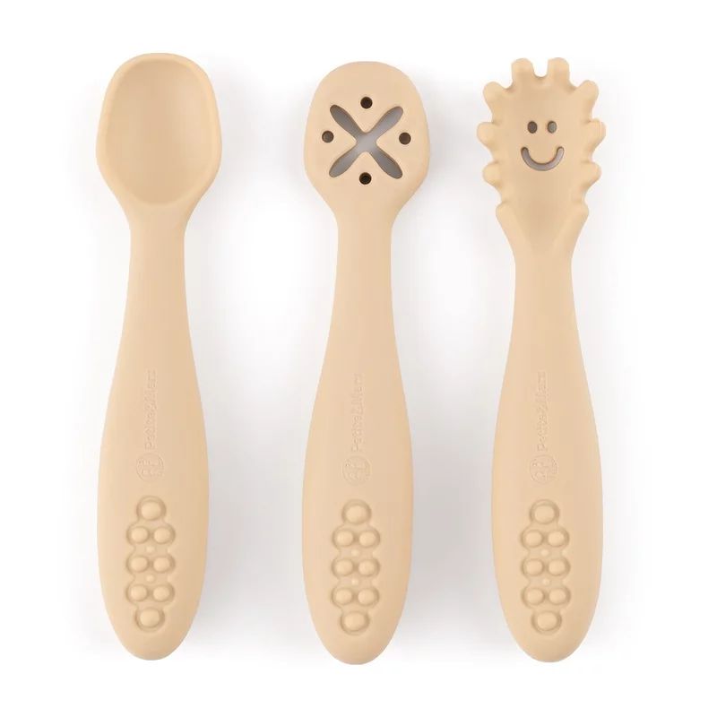 Set 3 lingurite, Petite&Mars, Diverse forme, Pentru supa, paste, alimente usoare, Dezvolta simturile si abilitatile senzoriale, Silicon, Fara BPA, 6 luni+, Bej