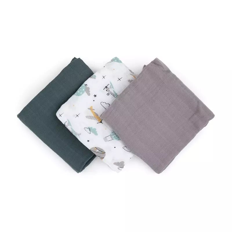 Set 3 scutece, Petite&Mars, Moussy Grey Planes, Din muselina de bambus, Hipoalergenice, 68 x 68 cm, Certificate Oeko Tex Standard 100, Multicolor