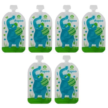Set 6 pungi reutilizabile, Petite&Mars, Pentru hranire, Cu elefantei, Inchidere ermetica, 20x10 cm, 150 ml, Papoo Albastru