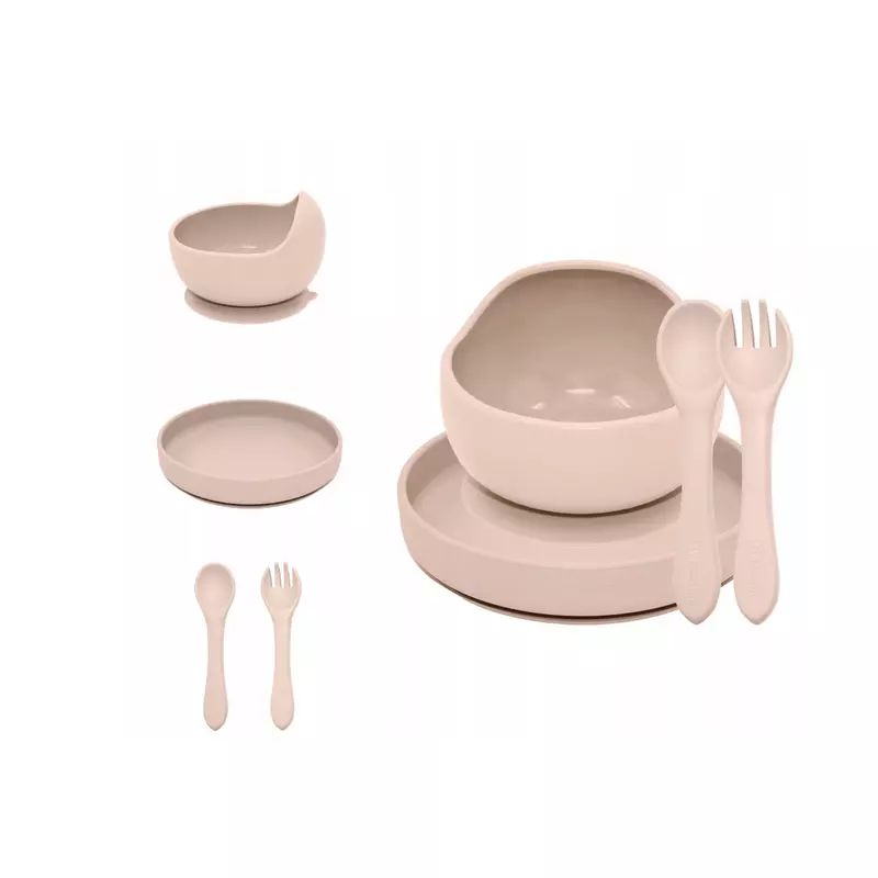 Set de hranire, Petite&Mars, Cu farfurie, Bol si tacamuri, Din silicon fara BFA, Bej