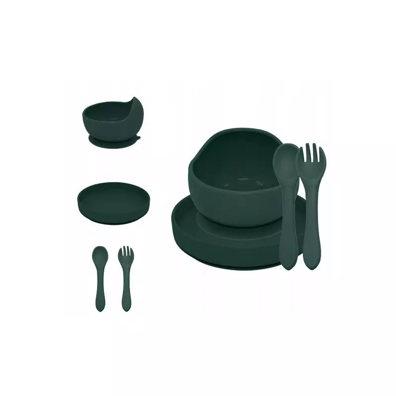 Set de hranire, Petite&Mars, Cu farfurie, Bol si tacamuri, Din silicon fara BFA, Verde inchis