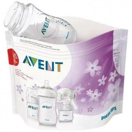 Set pungi de sterilizare, Philips Avent, Pentru microunde, Gata in 90 de secunde, Pana la 3 sticle simultan sau o pompa de san, 27.8 x 21 cm, 5 bucati, 20 de utilizari fiecare