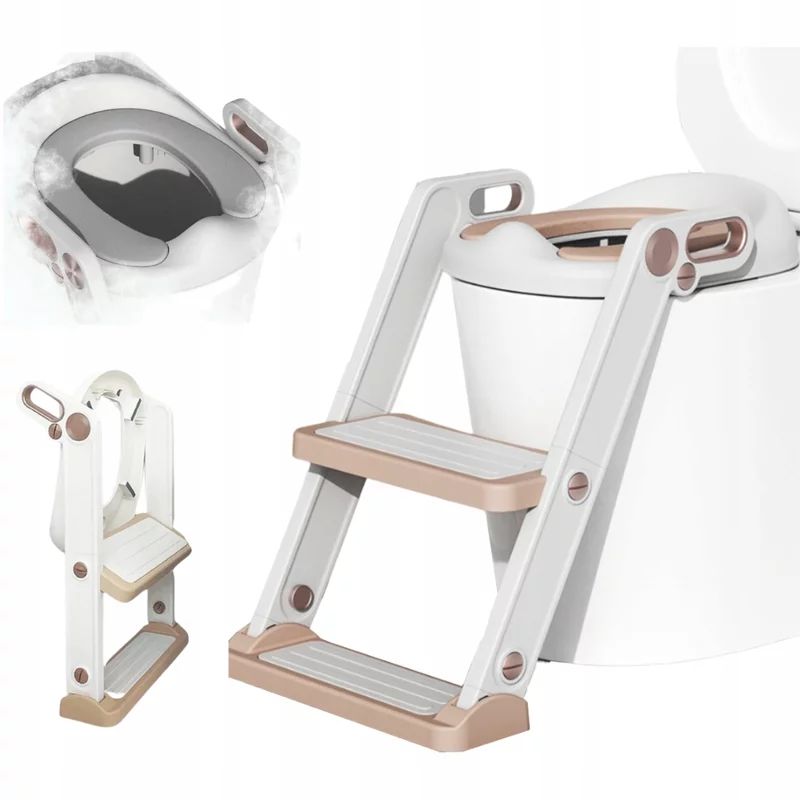 Reductor cu scarita, Primabobo, Pentru toaleta, Potrivit pentru toaletele rotunde, Scaun din spuma, Inaltime intre 44-48.5 cm, Rezistent, Alb/Auriu