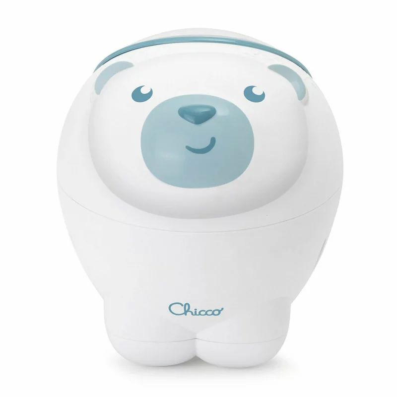 Proiector de pat, Chicco, Urs polar, 2 in 1, Cu muzica si sunete naturale, Functie de activare si dezactivarea proiectie, 2 trepte de volum, 13x13x14.5 cm, Albastru