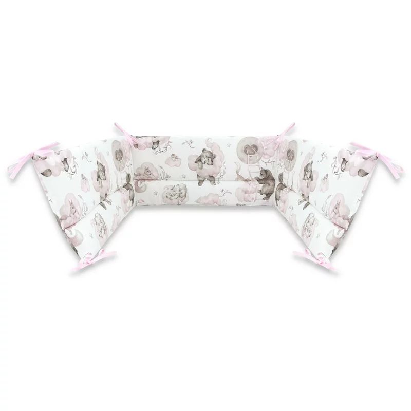 Aparatoare pentru patut, Qmini, Din bumbac certificat Oeko Tex Standard 100, 180x30 cm, Cu panglici, Teddy Bear and Friends Pink
