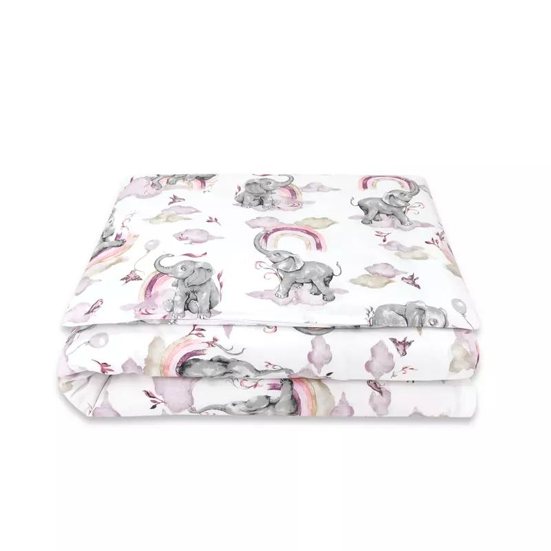 Lenjerie patut junior cu 2 piese, Qmini, Din bumbac certificat Oeko Tex Standard 100, 140 x 200 cm, Elephants on Rainbow Pink