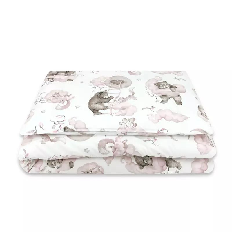 Lenjerie patut junior cu 2 piese, Qmini, Din bumbac certificat Oeko Tex Standard 100, 140 x 200 cm, Teddy Bear and Friends Pink