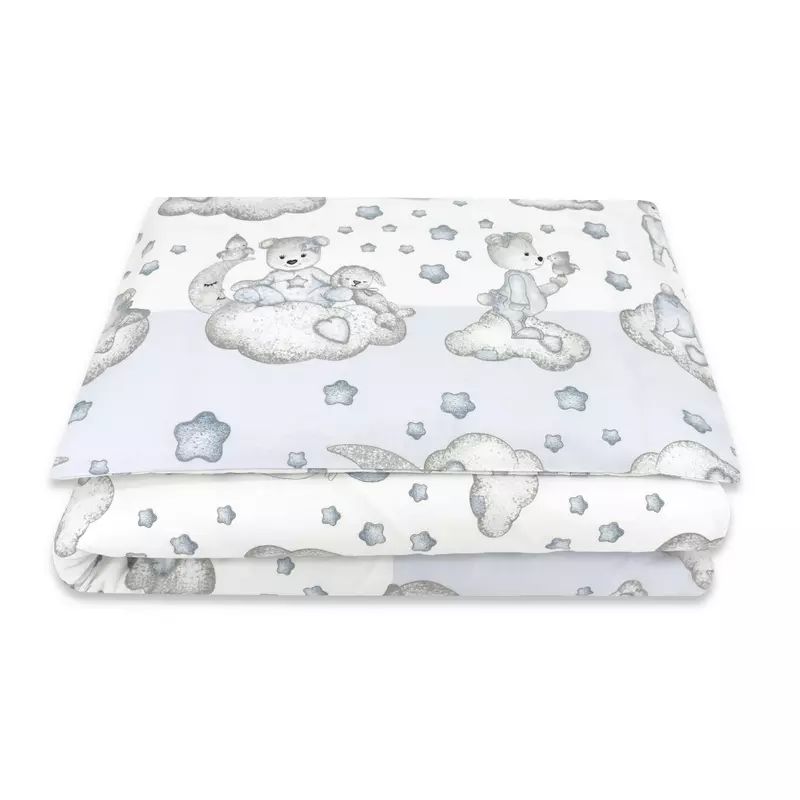 Lenjerie patut junior cu 2 piese, Qmini, Din bumbac certificat Oeko Tex Standard 100, 140 x 200 cm, Teddy Bear with Blue Heart