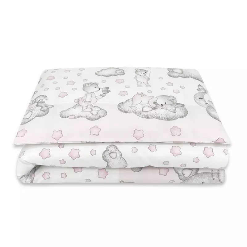 Lenjerie patut junior cu 2 piese, Qmini, Din bumbac certificat Oeko Tex Standard 100, 140 x 200 cm, Teddy Bear with Pink Heart
