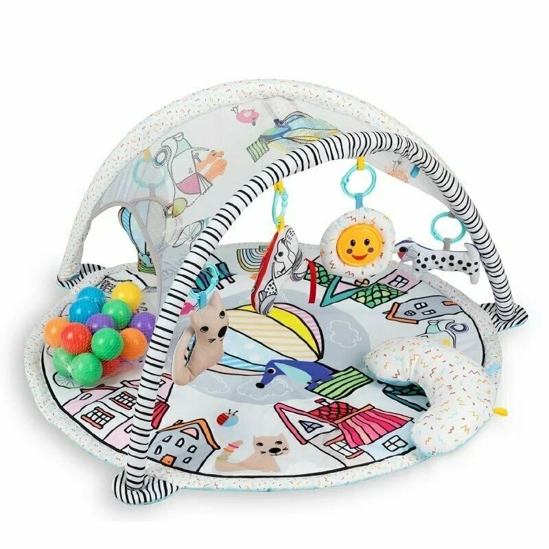 Salteluta interactiva, Qmini, Abby, Cu muzica, 20 bile, 6 jucarii, Pentru activitati educationale, 85x85 cm, Multicolor