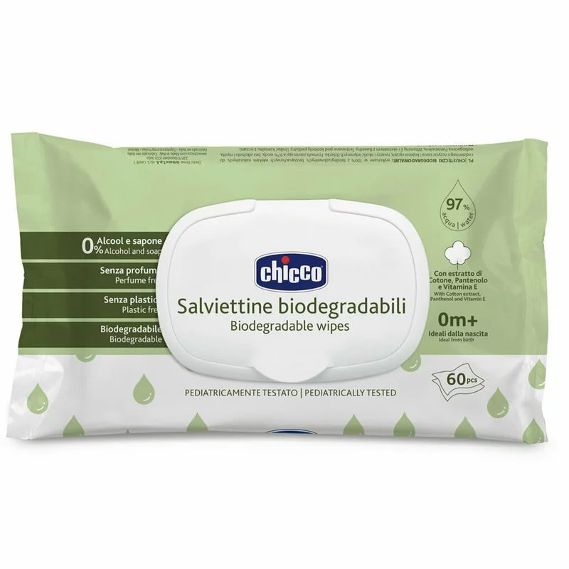 Servetele umede biodegradabile 60 buc, Chicco, 97% apa, Fara parfum, 0 luni+