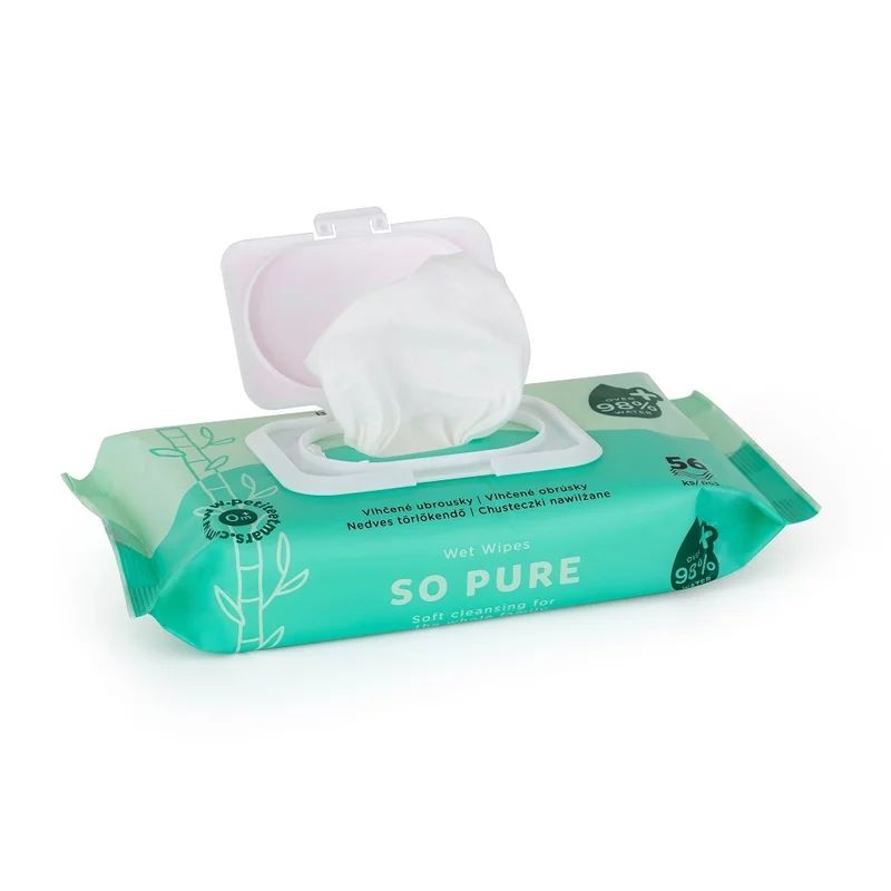 Servetele umede, Petite&Mars, 56 de bucati, 98% apa, Multifunctionale, Din bambus, Fara parfum, Ideale pentru pielea sensibila a bebelusului, Alb