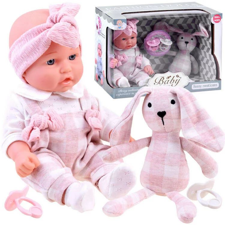 Bebelus, Jokomisiada, Cu iepuras de plus, Similar cu un bebe real, Include si suzeta, Realizat din plastic dur si cauciuc, Sigur pentru copii, 18 luni+, Pink